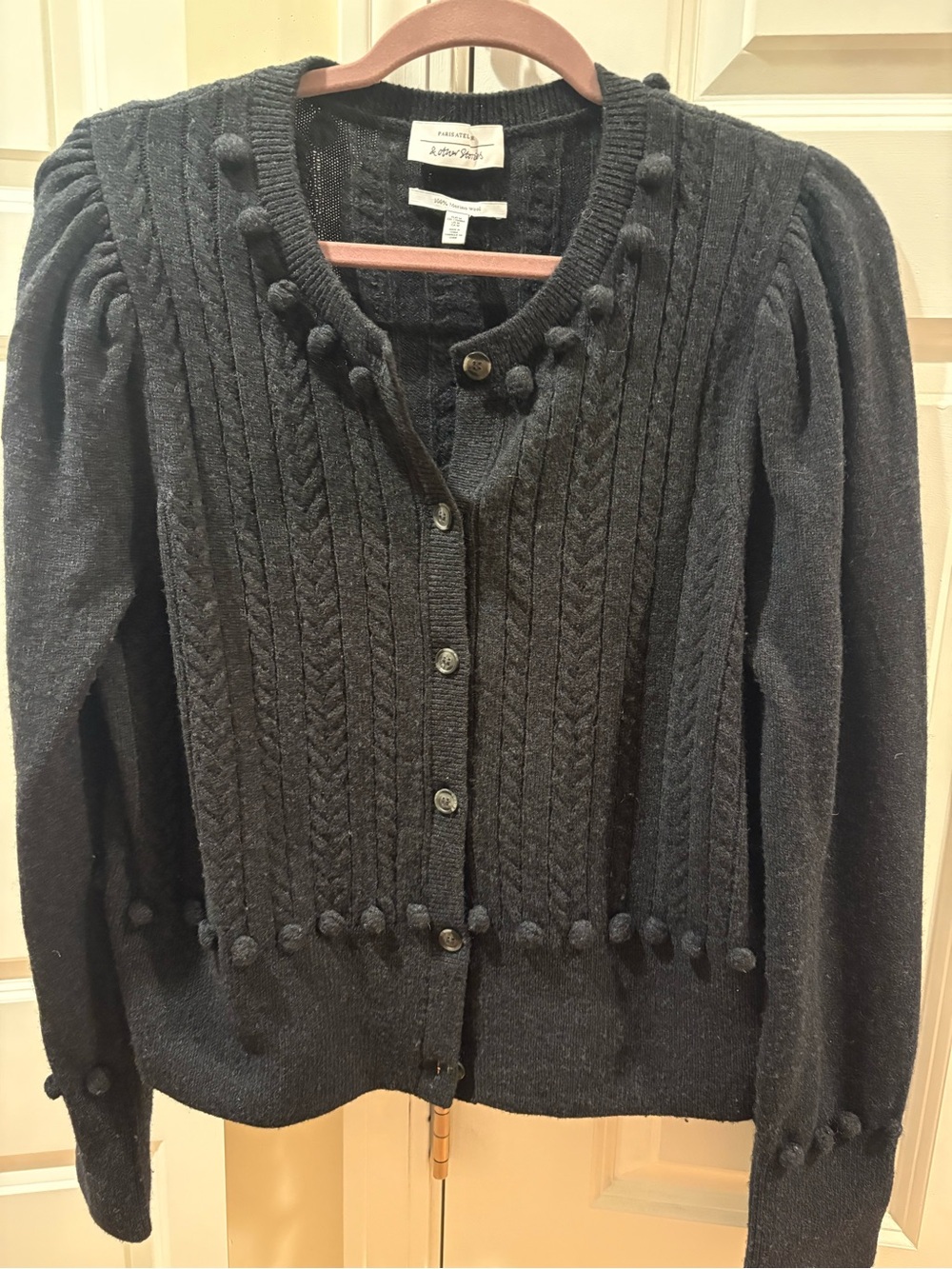 & Other Stories Dark Gray Merino Wool Pom-Pom Cable Knit Cardigan
